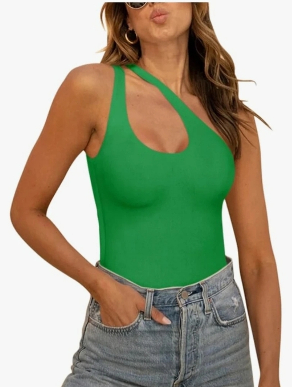 Asymmetrical One-Shoulder Green Tank Top Bodysuit